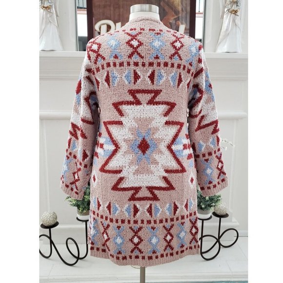 Boho Aztec Tribal Cowichan Knit Cardigan Sweater Duster Top Western Yellowstone - Picture 6 of 6